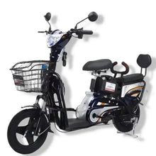 Electric bike with front wire basket, black frame and white motor cover