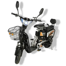 Electric bike front-left view with headlight, wire basket, Aster battery cover