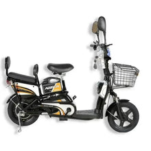 Electric bike rear side view with wire basket and black padded seat