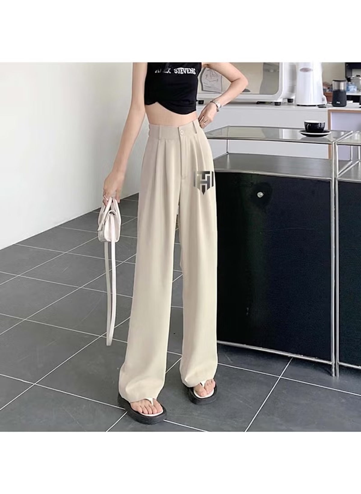 Huitich high rise lightweight pants M L XL in beige with wide leg fit and side logo print