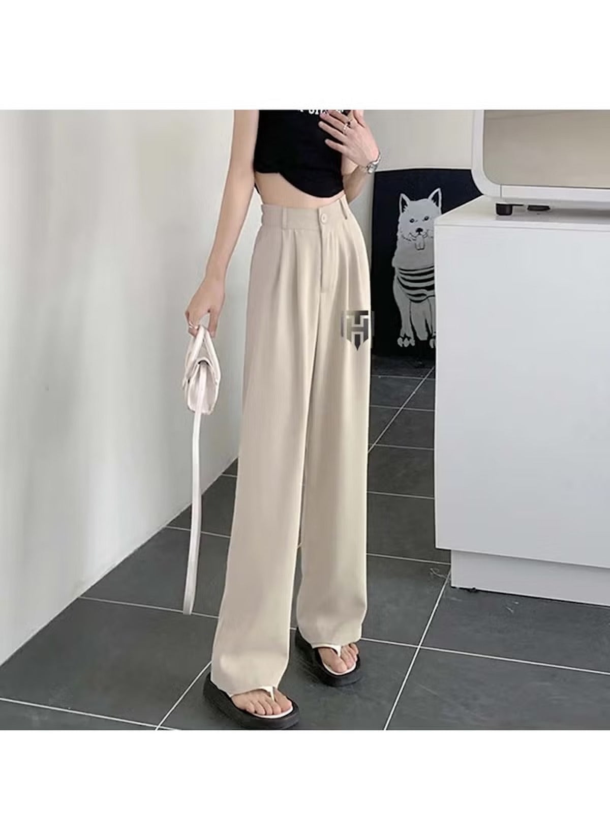 Huitich high rise lightweight pants M L XL in beige with wide leg and button detail