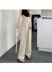 Huitich high rise lightweight pants M L XL in beige with wide leg and button detail