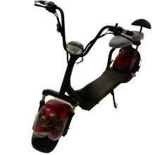 Electric scooter with black frame, gray seat, red rear lights