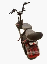 Electric scooter with black frame, gray seat, red rear lights and handlebars