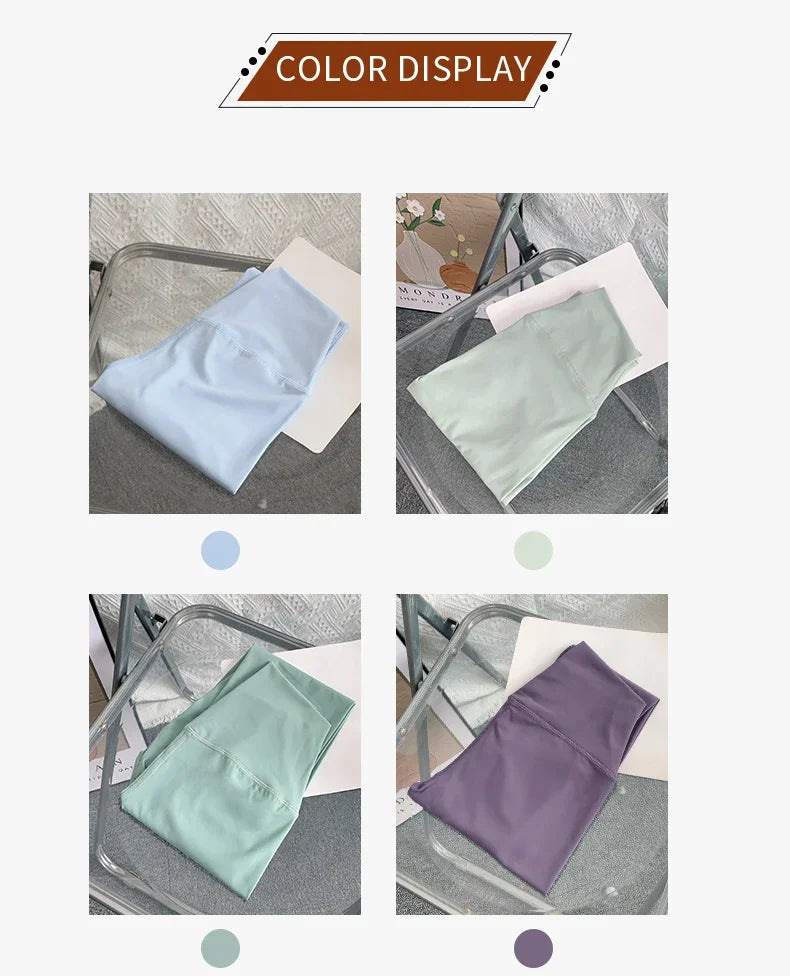 Color display of Mumzar high waist yoga leggings UAE in light blue, green, mint, and purple shades