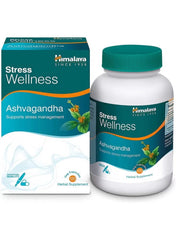 Himalaya Stress Wellness Ashwagandha Tablets for stress relief in a white bottle with blue label