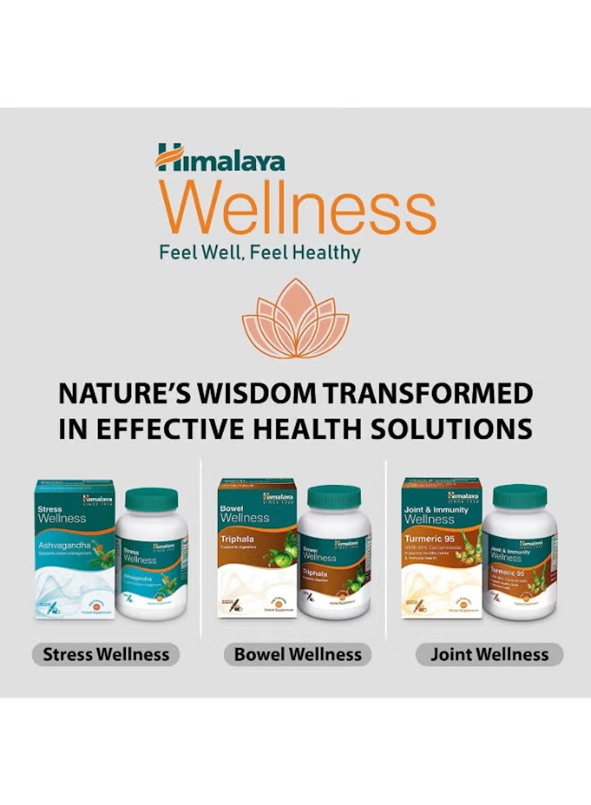 Himalaya Wellness range featuring ashwagandha tablets for stress relief alongside other health solutions