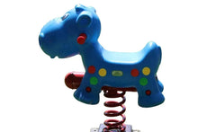 Blue hippo spring ride toy with red spring base and handlebars