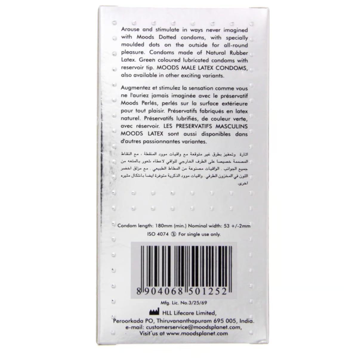 Back of white box packaging for Moods dotted condoms showing usage text barcode and raised dot texture