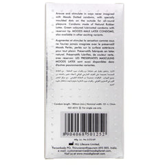 Back of white box packaging for Moods dotted condoms showing usage text barcode and raised dot texture