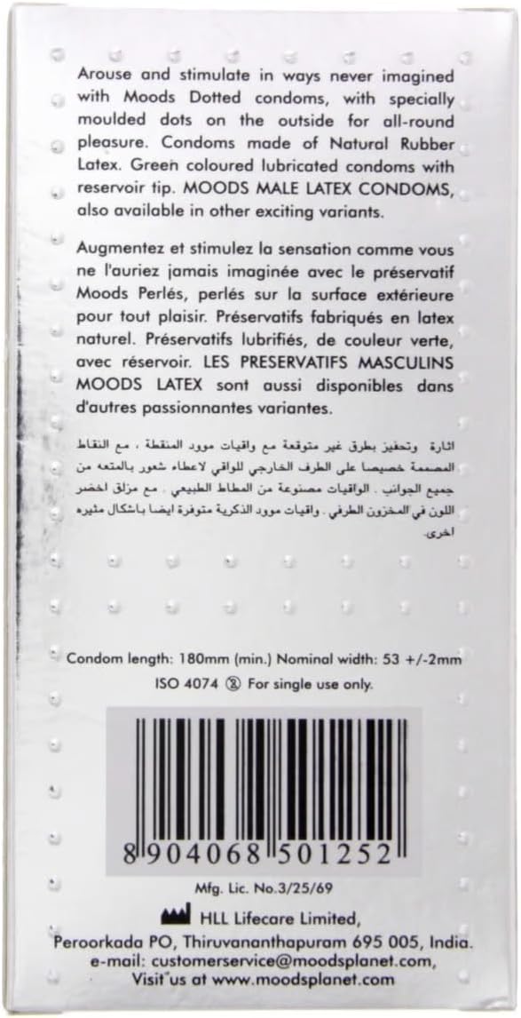 Back packaging of Moods dotted condoms box showing product description text dotted texture and barcode