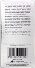 Moods dotted condoms pack back text with condom length and size details.