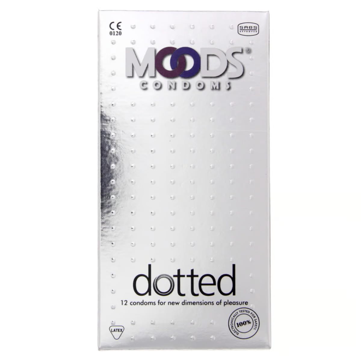 Moods dotted condoms. White metallic box of 12 textured latex condoms with raised dots for extra stimulation