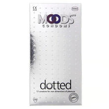 Moods dotted condoms pack front, 12 count, dotted texture design.