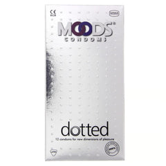 Moods dotted condoms. White metallic box of 12 textured latex condoms with raised dots for extra stimulation