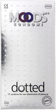Moods dotted condoms pack, 12 count, medium size, dotted texture.