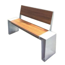 Wood slat bench with gray metal frame and backrest