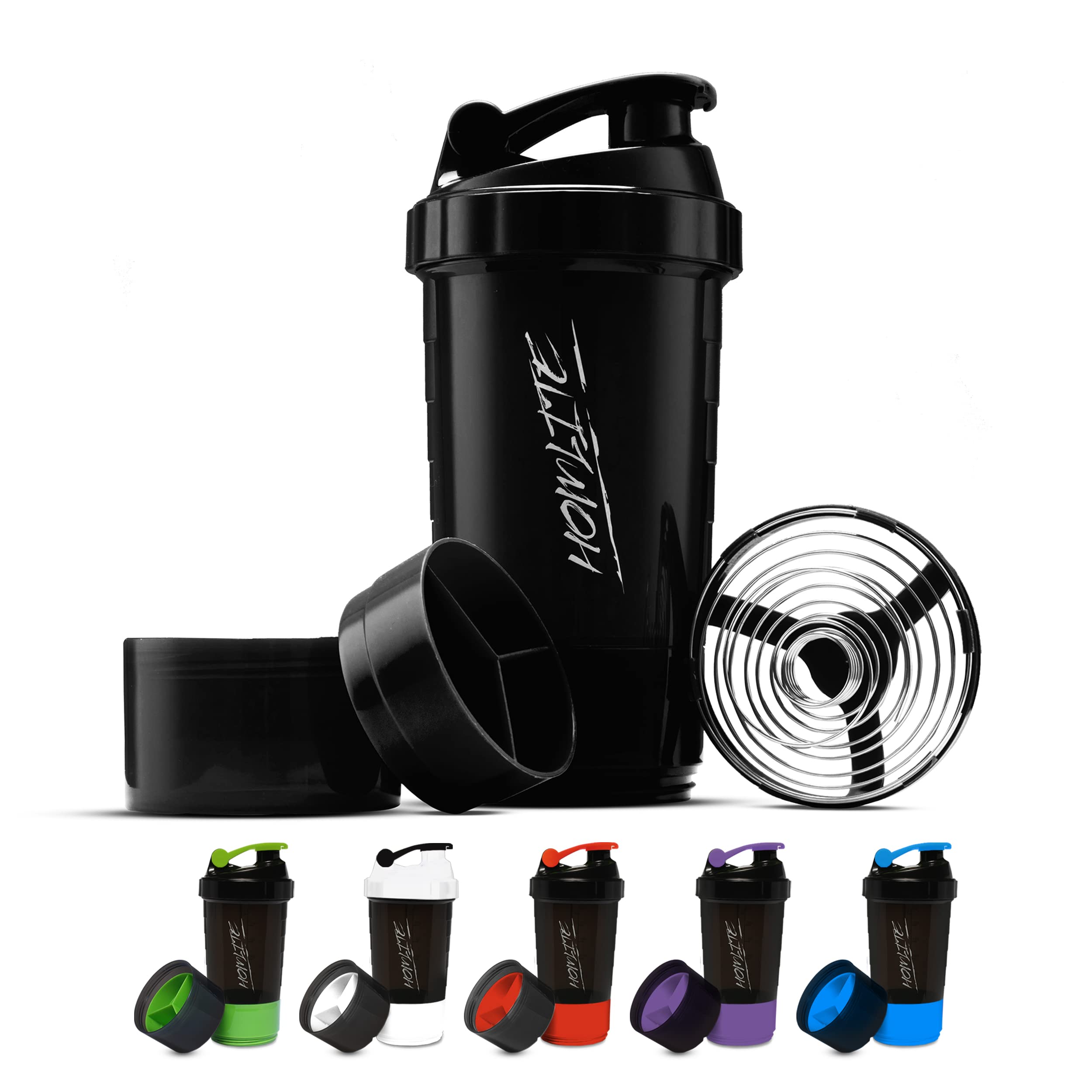 Homlite black protein shaker bottle with supplement storage detachable compartments mixing whisk and colored lids