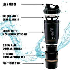Homlite black protein shaker bottle with supplement storage showing leak proof lid wire mixer and three compartments