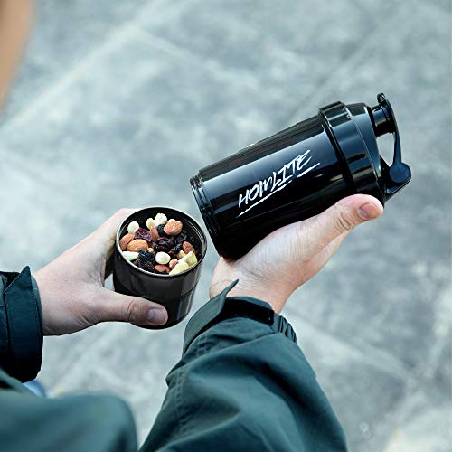 Homlite black protein shaker bottle with supplement storage shown open with nuts in storage cup