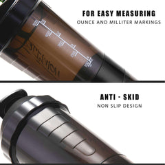 Homlite protein shaker bottle with supplement storage showing ounce and milliliter markings and anti skid grip