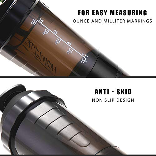 Homlite protein shaker bottle with supplement storage featuring ounce milliliter measurements and anti skid grip