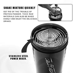 Homlite black protein shaker bottle with supplement storage showing stainless steel power mixer top view
