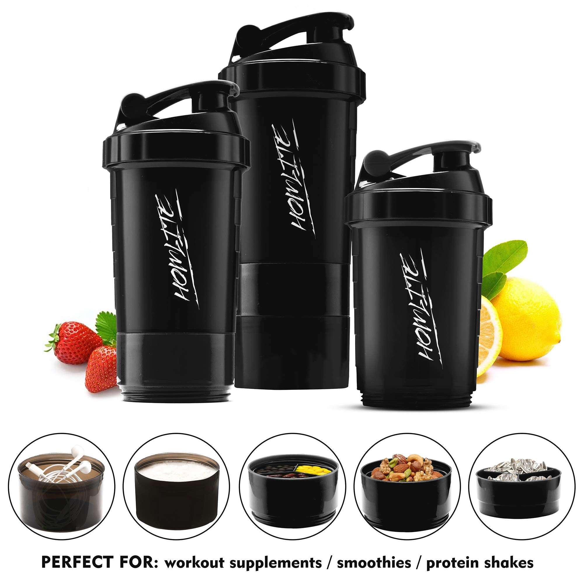 Homlite black protein shaker bottle with supplement storage set of three with detachable storage cups for powders and snacks
