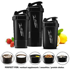 Homlite black set of three protein shaker bottle with supplement storage and flip spout lids