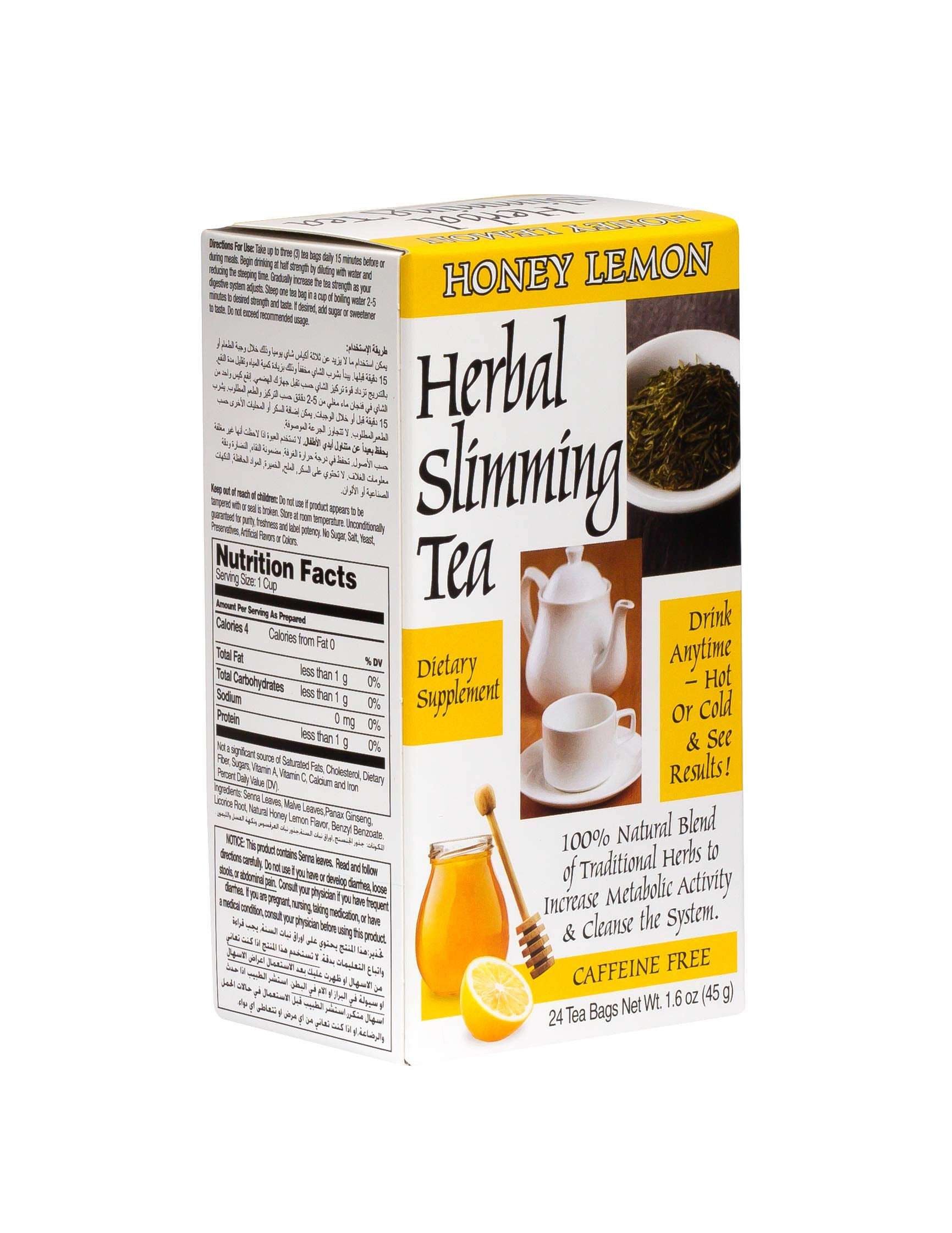 21st Century honey lemon slimming tea box showing teapot cup honey jar and lemon slice 24 tea bags