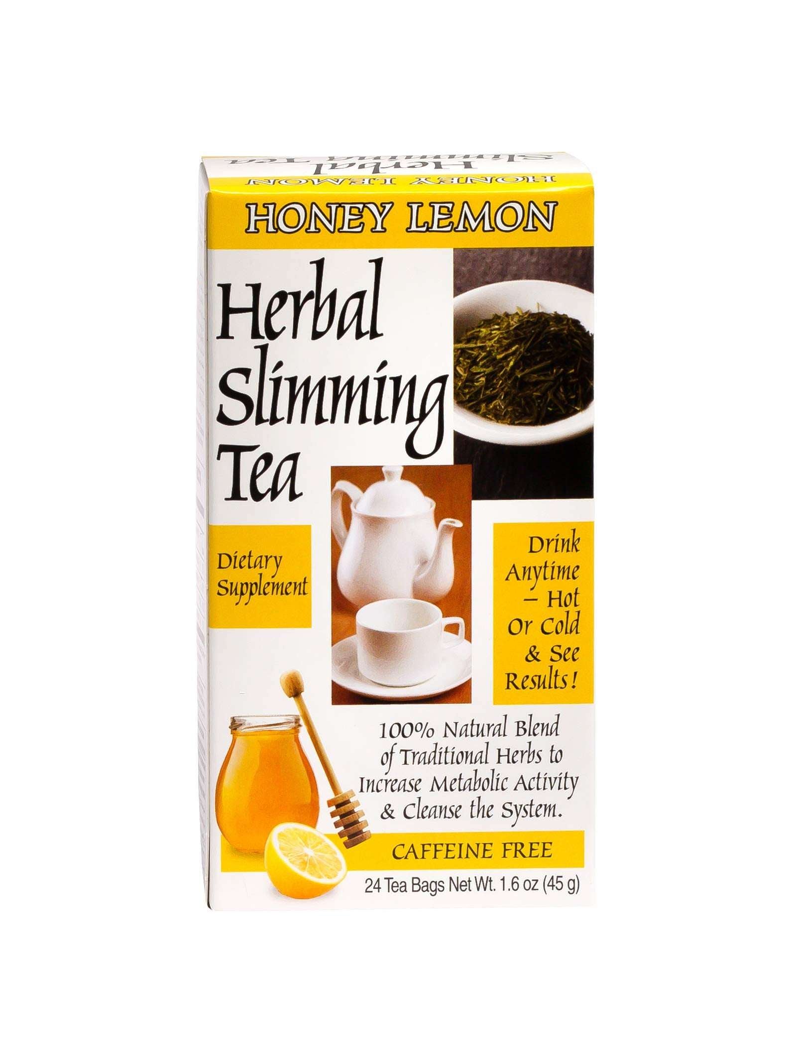 21st Century honey lemon slimming tea box with cup and tea leaves image caffeine free dietary supplement 24 tea bags