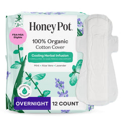 Honey Pot Company herbal infused overnight menstrual pads 12 count cooling herbal infusion mint aloe lavender organic cotton cover