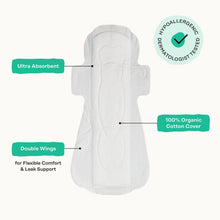 Ultra-absorbent overnight menstrual pad with double wings and 100% organic cotton cover