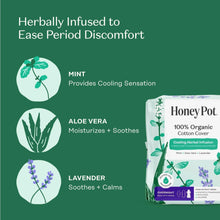 Herbal-infused overnight menstrual pad with mint, aloe vera, lavender ingredient icons