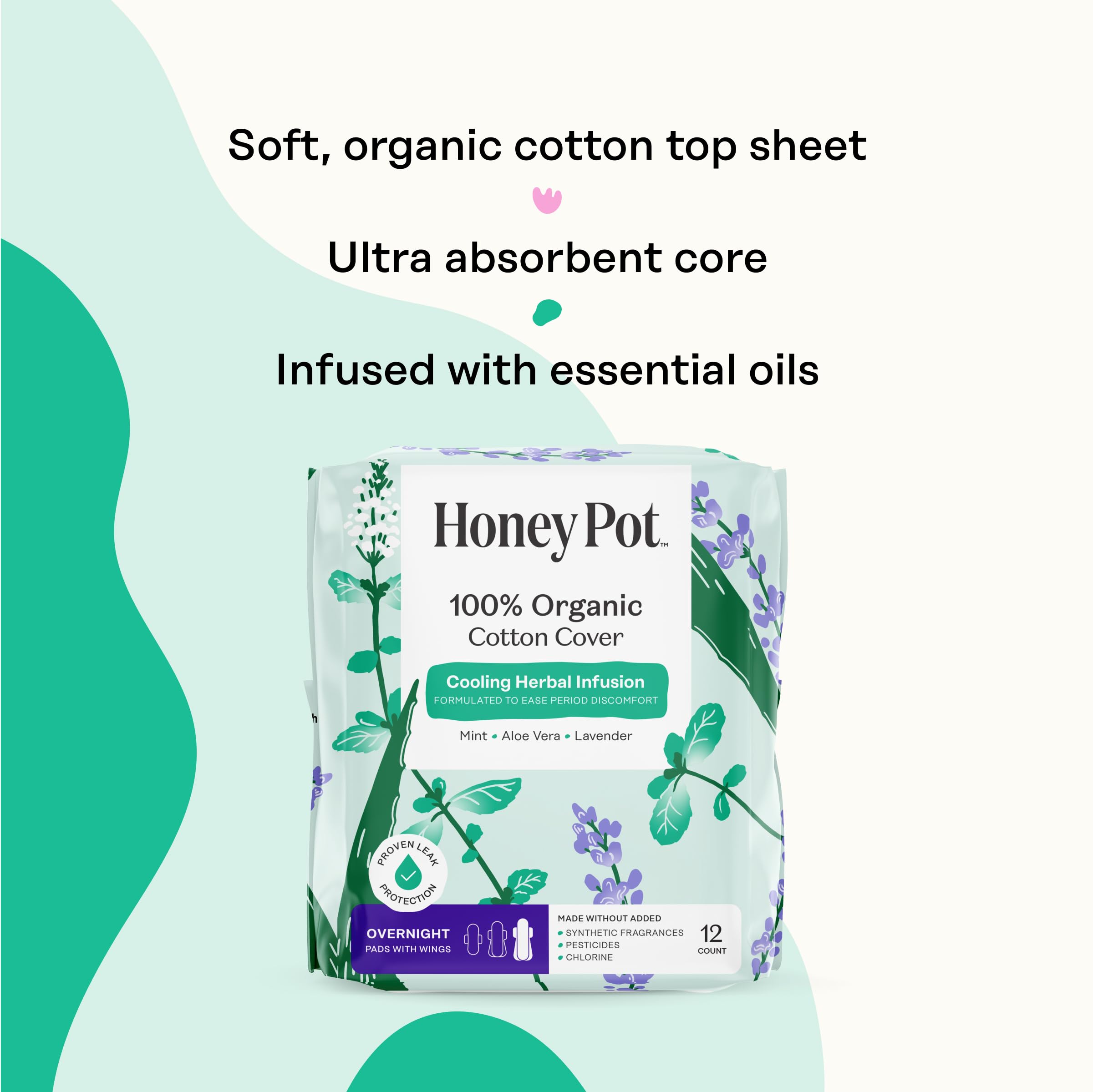 The Honey Pot Company overnight pack of herbal infused overnight menstrual pads with organic cotton cover