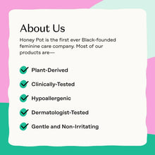 Menstrual care info card with hypoallergenic and tested checkmarks