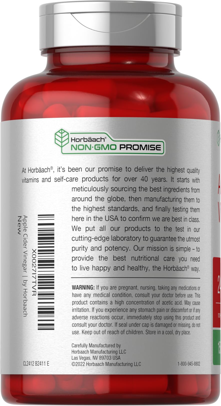 Horbaach red supplement bottle with silver cap showing Non GMO Promise label for apple cider vinegar capsules