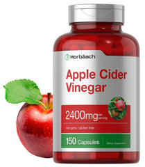 apple cider vinegar capsules supplement bottle 150 capsules 2400mg per serving red bottle with apple image