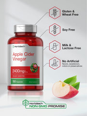 Apple Cider Vinegar bottle with apple slice highlighting apple cider vinegar capsules 2400mg 150 count non GMO promise