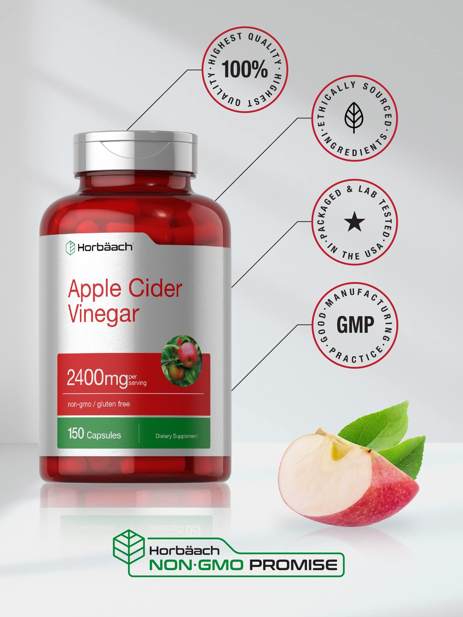 Red bottle of apple cider vinegar capsules 2400mg 150 count with apple slice Non GMO and GMP icons
