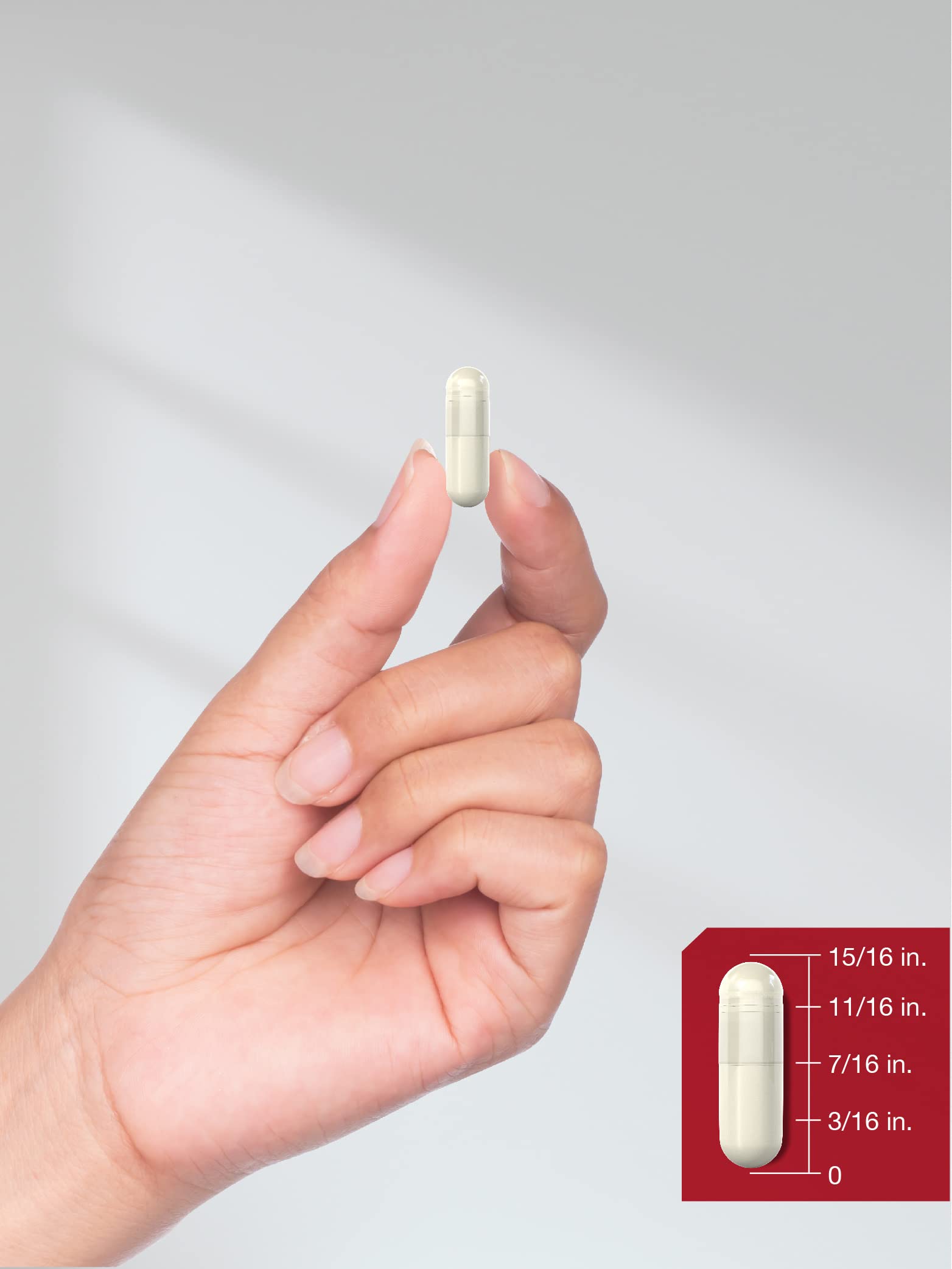 Horbäach hand holding a single beige supplement capsule between fingers with size diagram apple cider vinegar capsules