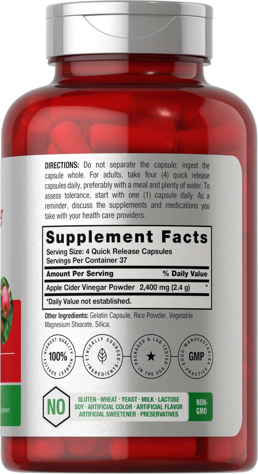 Bottle of apple cider vinegar capsules 2400 mg quick release supplement facts label