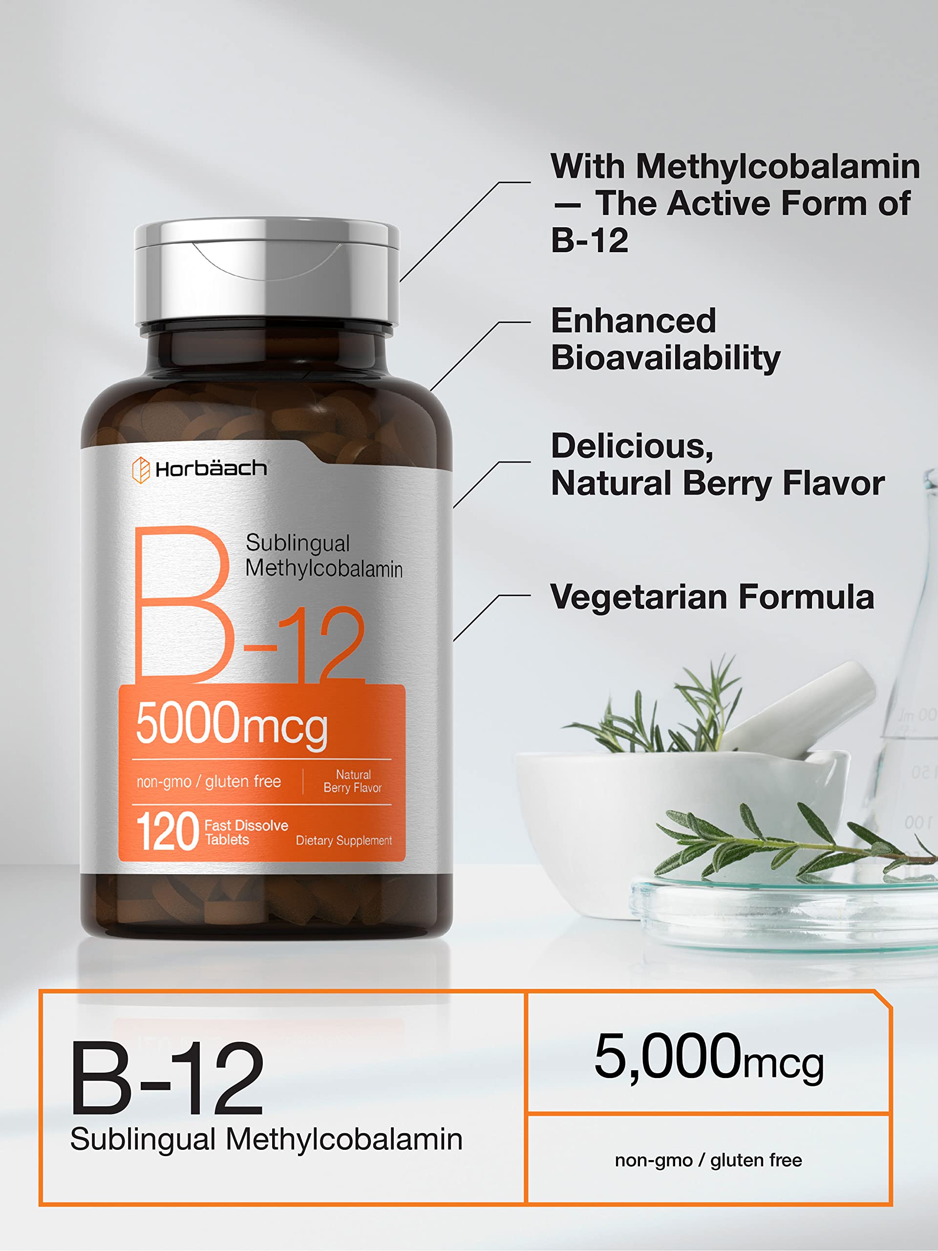 B12 sublingual tablets 5000mcg methylcobalamin bottle 120 fast dissolve berry flavor vegetarian supplement