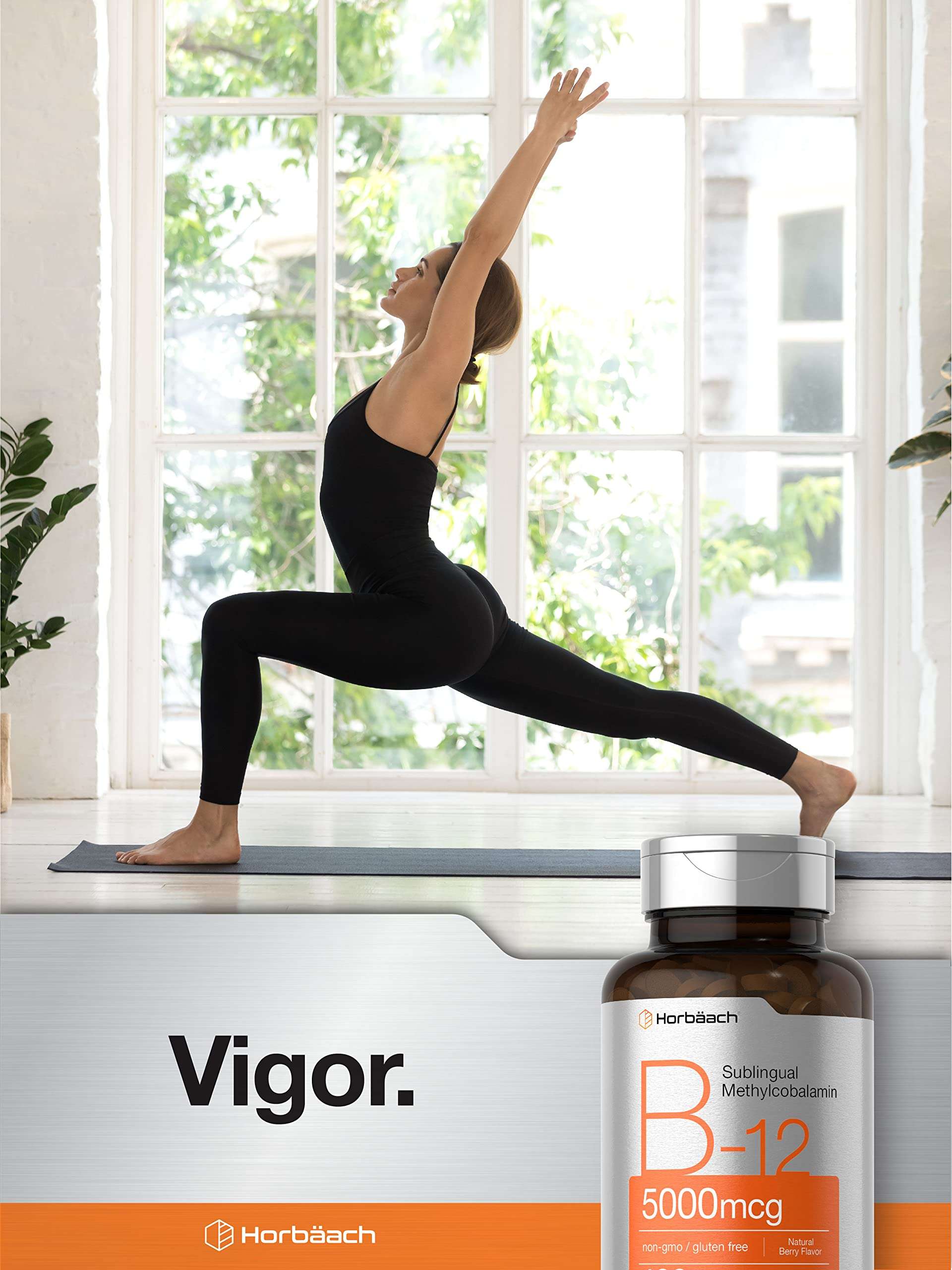 Bottle of B12 sublingual tablets 5000mcg with woman practicing yoga by a sunlit window suggesting energy and vigor