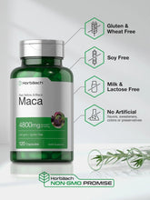 Maca supplement bottle with gluten-free, soy-free, milk-free, no artificial flavors