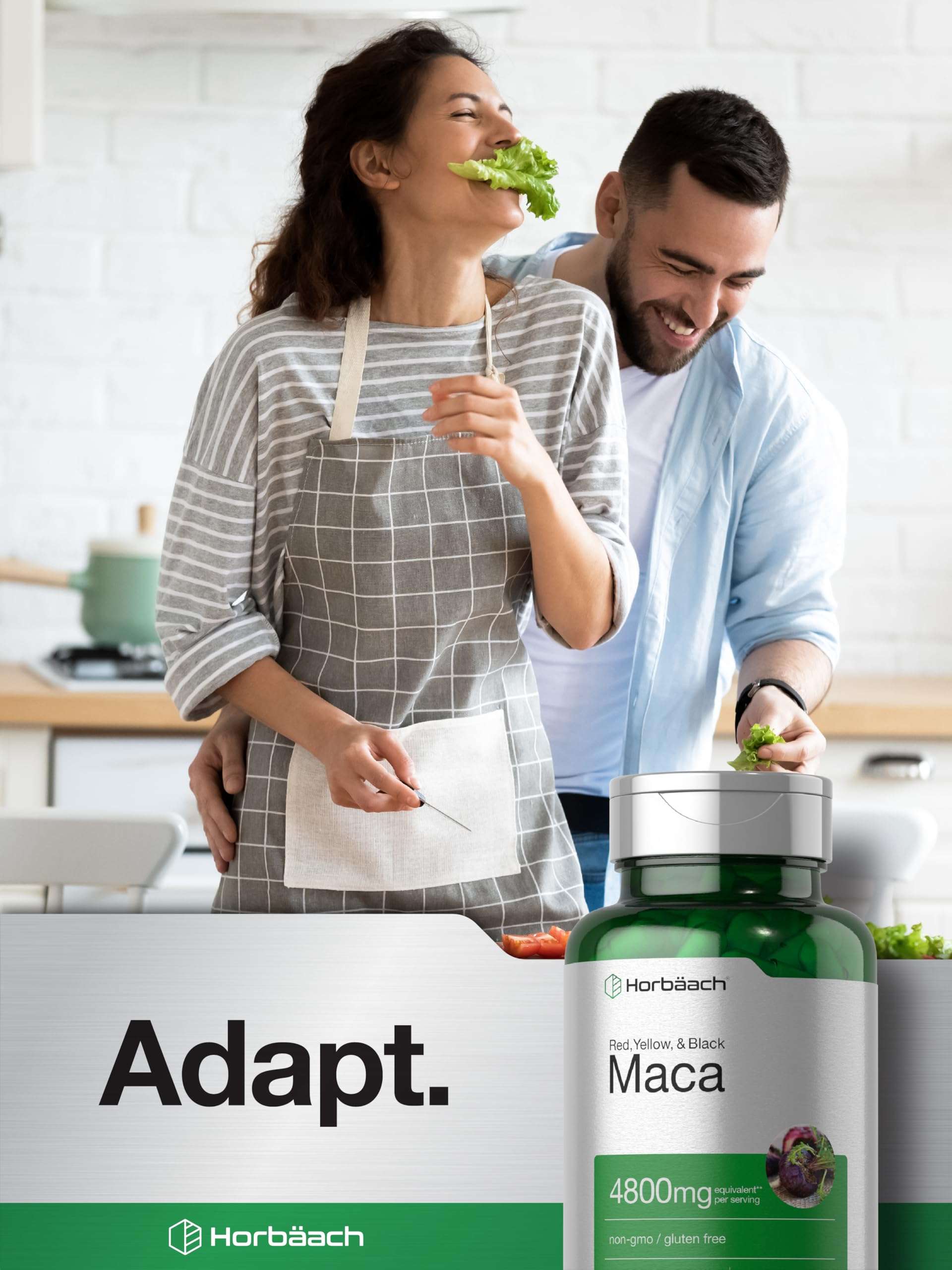 Horbäach bottle of gluten-free maca root capsules foreground with smiling couple playfully cooking in kitchen