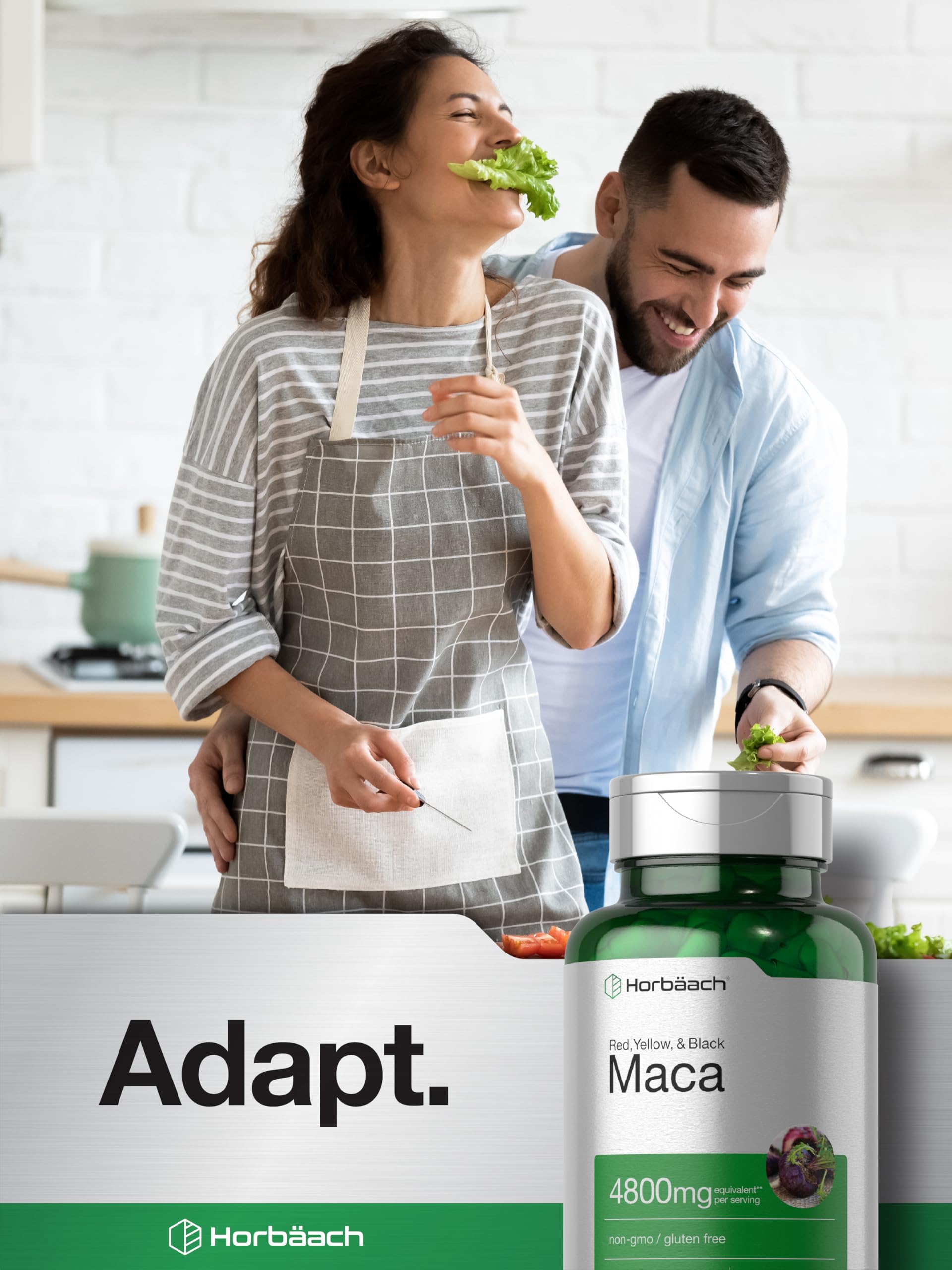Horbäach bottle of gluten-free maca root capsules foreground with smiling couple playfully cooking in kitchen
