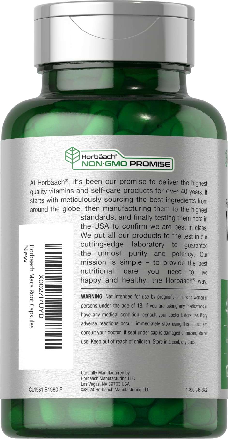 Transparent green supplement bottle showing gluten-free maca root capsules with silver cap and Non GMO Promise label