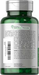 Transparent green supplement bottle showing gluten-free maca root capsules with silver cap and Non GMO Promise label