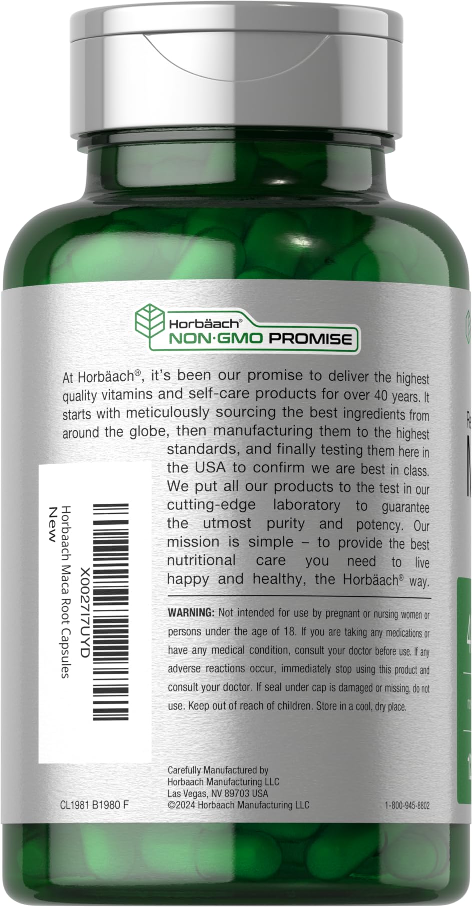 Transparent green supplement bottle showing gluten-free maca root capsules with silver cap and Non GMO Promise label